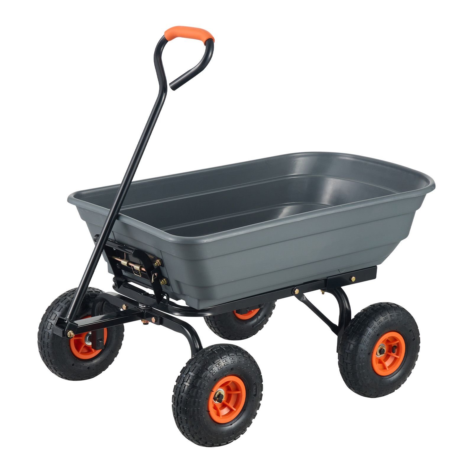 garden cart, durable poly dump cart with simple assembly steel framework, versatile dump cart with dual function handle, handy wheelbarrow with 600 lbs load capacity, 10 inch wheels