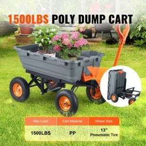 garden cart, durable poly dump cart with simple assembly steel structure, versatile dump wagon with dual function handle, handy wheelbarrow with 1500 lbs load capacity, 13 inch wheels
