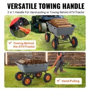 garden cart, durable poly dump cart with simple assembly steel structure, versatile dump wagon with dual function handle, handy wheelbarrow with 1500 lbs load capacity, 13 inch wheels