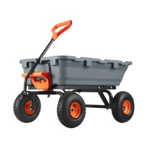 garden cart, durable poly dump cart with simple assembly steel structure, versatile dump wagon with dual function handle, handy wheelbarrow with 800 lbs load capacity, 10 inch wheels