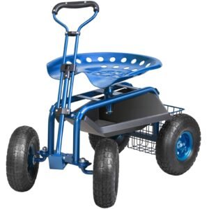 garden cart rolling workseat with wheels, gardening stool for planting, 360 degree swivel seat, wagon scooter with steering handle & utility tool tray, use for patio, yard, and outdoors, blue
