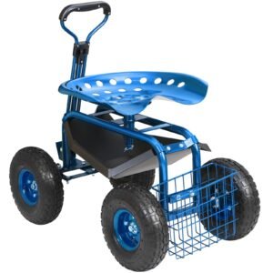 garden cart rolling workseat with wheels, gardening stool for planting, 360 degree swivel seat, wagon scooter with steering handle & utility tool tray, use for patio, yard, and outdoors, blue