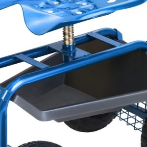 garden cart rolling workseat with wheels, gardening stool for planting, 360 degree swivel seat, wagon scooter with steering handle & utility tool tray, use for patio, yard, and outdoors, blue