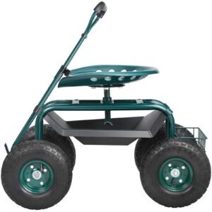 garden cart rolling workseat with wheels, gardening stool for planting, 360 degree swivel seat, wagon scooter with steering handle & utility tool tray, use for patio, yard, and outdoors, green