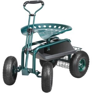 garden cart rolling workseat with wheels, gardening stool for planting, 360 degree swivel seat, wagon scooter with steering handle & utility tool tray, use for patio, yard, and outdoors, green