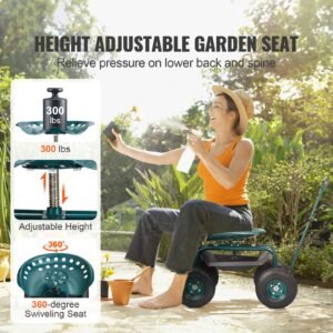 garden cart rolling workseat with wheels, gardening stool for planting, 360 degree swivel seat, wagon scooter with steering handle & utility tool tray, use for patio, yard, and outdoors, green