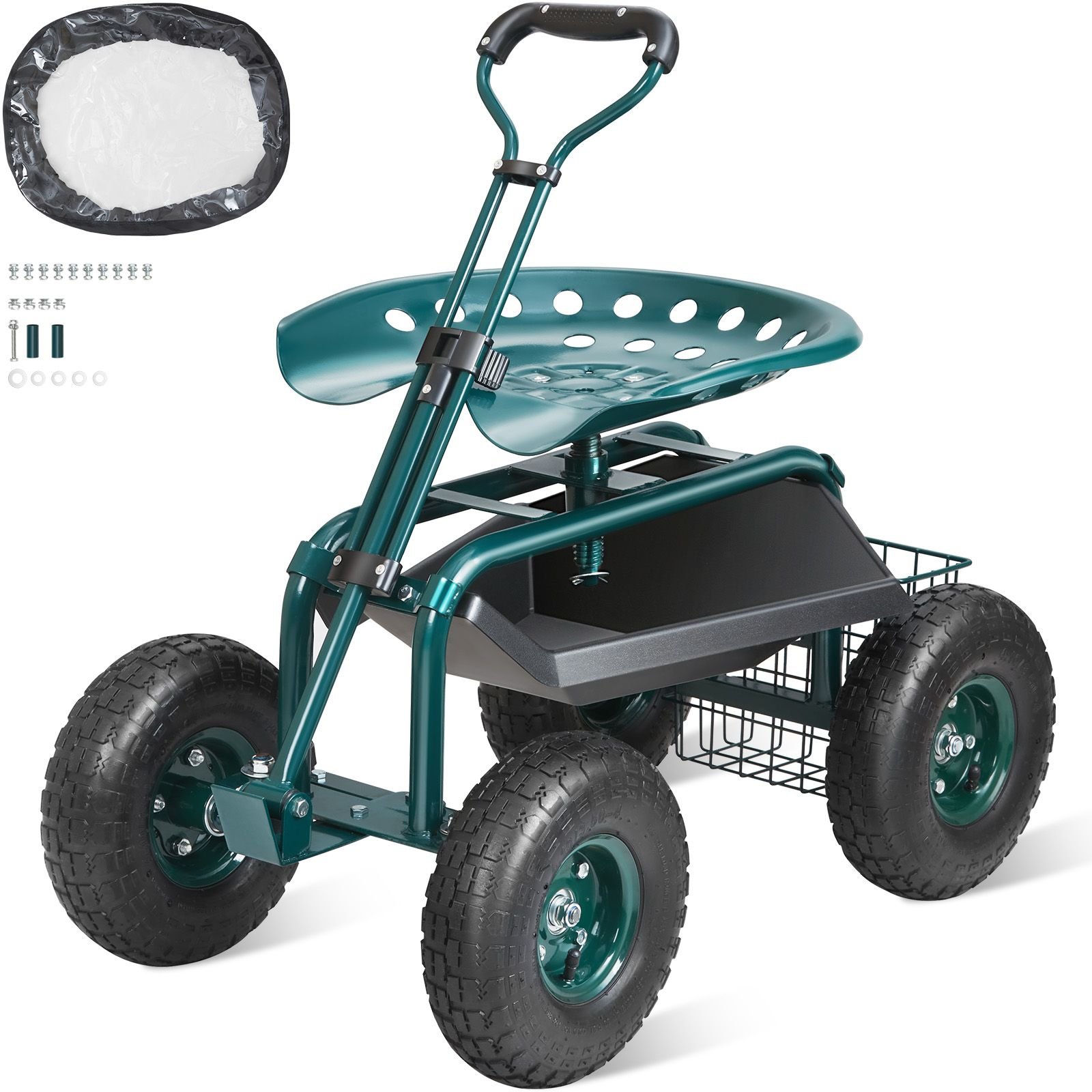 garden cart rolling workseat with wheels, gardening stool for planting, 360 degree swivel seat, wagon scooter with steering handle & utility tool tray, use for patio, yard, and outdoors, green