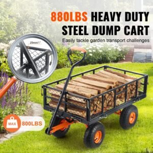 garden cart, sturdy metal construction with simple assembly, versatile dump cart with dual function handle, heavy duty garden wagon, 880 lbs load capacity, 10" wheels