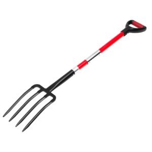 garden fork, 4 tine gardening pitchfork with fiberglass handle, 45 in heavy duty digging fork with y grip, forged steel spading fork for hay potato composting transplanting aeration