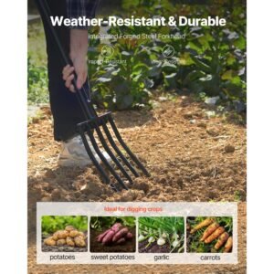 Garden Fork, 5-Tine Gardening Pitchfork with Metal Handle, 41 in Heavy Duty Digging Fork with Y Grip, Forged Steel Spading Fork for Hay Potato Composting Transplanting Aeration