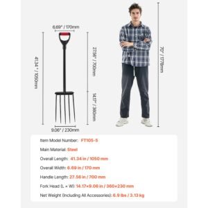 garden fork, 5 tine gardening pitchfork with metal handle, 41 in heavy duty digging fork with y grip, forged steel spading fork for hay potato composting transplanting aeration