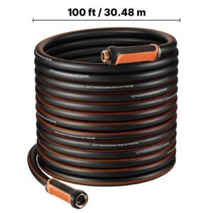 garden hose, 100 ft 5/8" heavy duty 4 layer rubber water hose, 150psi working & 600psi burst, flexible & non kink outdoor waterhose with 3/4" fitting, lightweight hoses for gardening cleaning