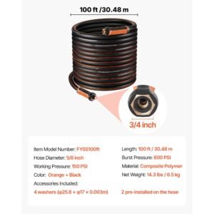 garden hose, 100 ft 5/8" heavy duty 4 layer rubber water hose, 150psi working & 600psi burst, flexible & non kink outdoor waterhose with 3/4" fitting, lightweight hoses for gardening cleaning
