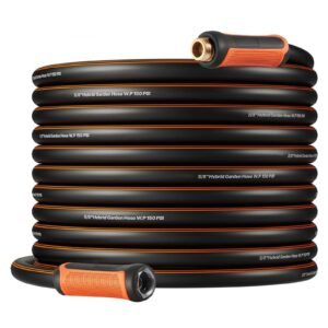 garden hose, 100 ft 5/8" heavy duty 4 layer rubber water hose, 150psi working & 600psi burst, flexible & non kink outdoor waterhose with 3/4" fitting, lightweight hoses for gardening cleaning