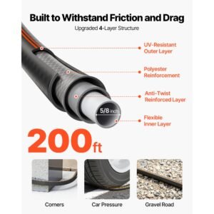 garden hose, 200 ft 5/8" heavy duty rubber water hose with 10 mode nozzle, 150psi working & 600psi burst, flexible & non kink outdoor waterhose with 3/4" fitting, lightweight hoses for gardening