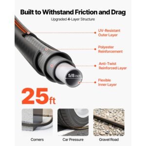 garden hose, 25 ft 5/8" heavy duty 4 layer rubber water hose, 150psi working & 600psi burst, flexible & non kink outdoor waterhose with 3/4" fitting, lightweight hoses for gardening cleaning