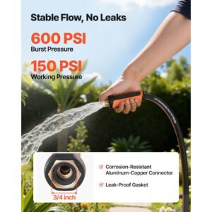 garden hose, 50 ft 5/8" heavy duty 4 layer rubber water hose, 150psi working & 600psi burst, flexible & non kink outdoor waterhose with 3/4" fitting, lightweight hoses for gardening cleaning