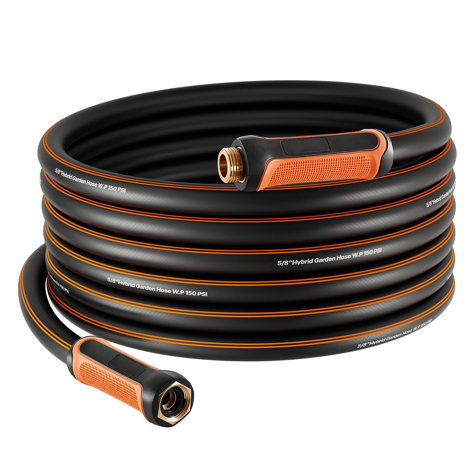 garden hose, 50 ft 5/8" heavy duty 4 layer rubber water hose, 150psi working & 600psi burst, flexible & non kink outdoor waterhose with 3/4" fitting, lightweight hoses for gardening cleaning