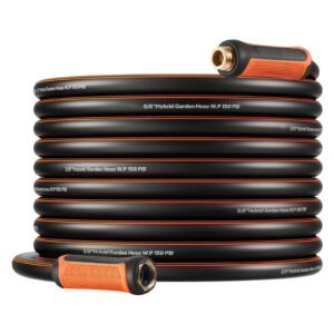 garden hose, 75 ft 5/8" heavy duty 4 layer rubber water hose, 150psi working & 600psi burst, flexible & non kink outdoor waterhose with 3/4" fitting, lightweight hoses for gardening cleaning