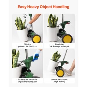 garden pot mover, heavy duty plant dolly cart with adjustable grabbing arm, max 143 lbs weight capacity, potted plant mover dolly with suction cup and secure lock, fits for indoor & outdoor use