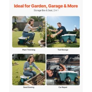 garden scooter with seat, 2 in 1 rolling garden cart with storage bin, supports up to 227 lbs, outdoor wagon with handle, lightweight storage gardening stool for yard weeding planting