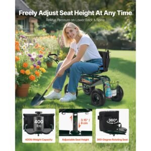 garden seat with wheels, rolling garden stool with height adjustable & 360° swivel seat, 400lbs weight capacity, gardening cart bench, ergonomic backrest & tool storage, for garden, yard, patio