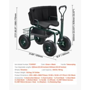 garden seat with wheels, rolling garden stool with height adjustable & 360° swivel seat, 400lbs weight capacity, gardening cart bench, ergonomic backrest & tool storage, for garden, yard, patio