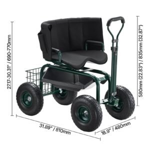 garden seat with wheels, rolling garden stool with height adjustable & 360° swivel seat, 400lbs weight capacity, gardening cart bench, ergonomic backrest & tool storage, for garden, yard, patio