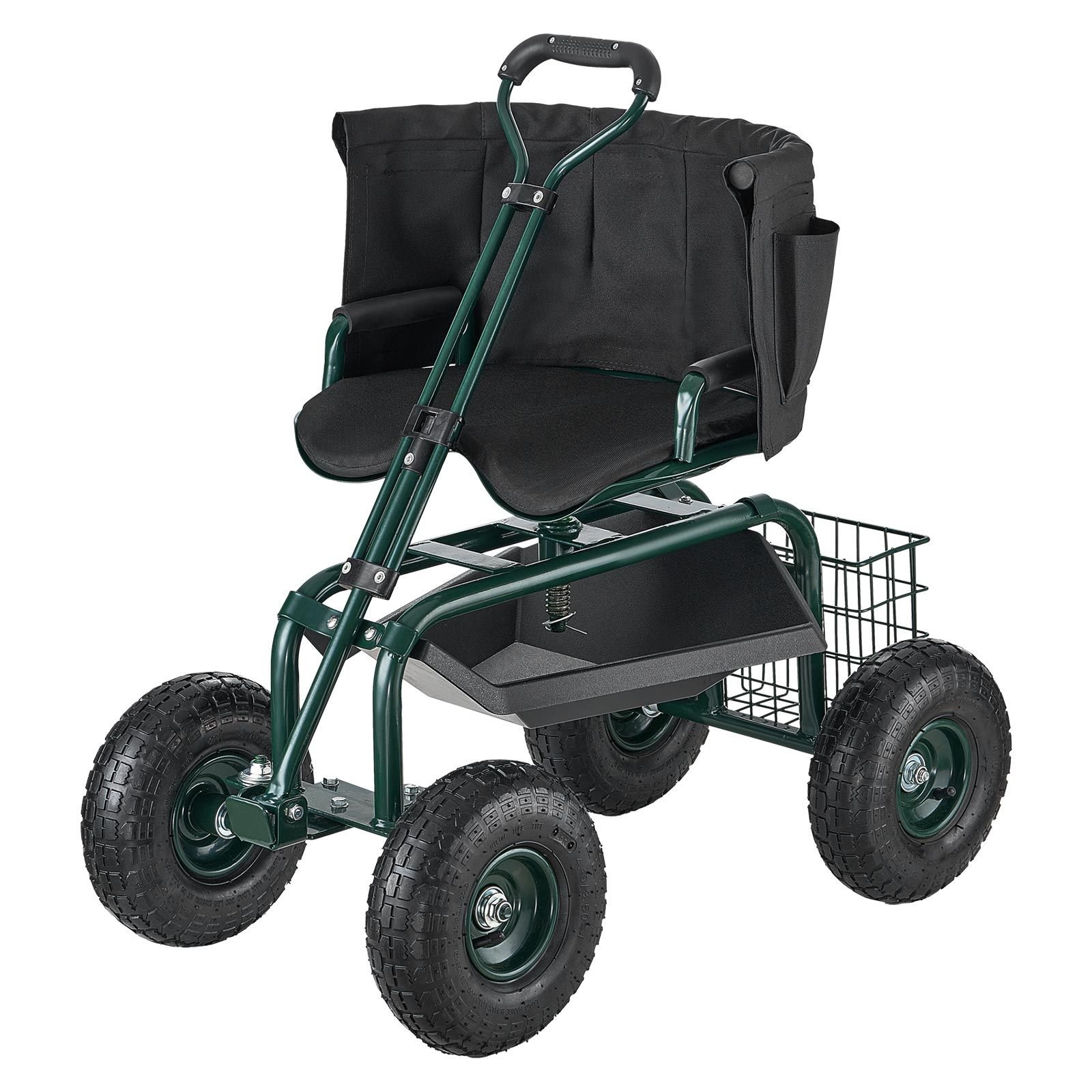 garden seat with wheels, rolling garden stool with height adjustable & 360° swivel seat, 400lbs weight capacity, gardening cart bench, ergonomic backrest & tool storage, for garden, yard, patio