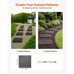 garden stepping stones, 16pcs 15.5 x 15.5 in, decorative stepping stones with stakes, weather resistant plastic pathway pavers, smooth surface, outdoor walkway for lawn patio landscape, grey