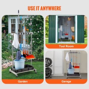 garden tool organizer, 10 slots with hooks, yard tool tower rack with wheels for garage organization and storage, hold long handled tool/rake/broom, metal tool stand holder for shed, outdoor