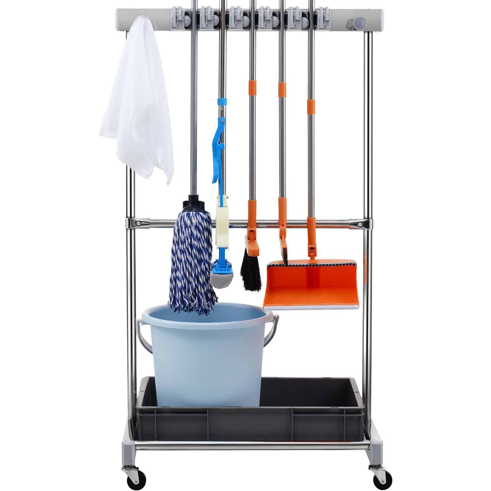 garden tool organizer, 10 slots with hooks, yard tool tower rack with wheels for garage organization and storage, hold long handled tool/rake/broom, metal tool stand holder for shed, outdoor