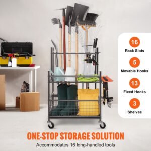 garden tool organizer, 16 slots with hooks, yard tool tower rack with wheels for garage organization and storage, hold long handled tool/rake/broom, metal tool stand holder for shed, outdoor