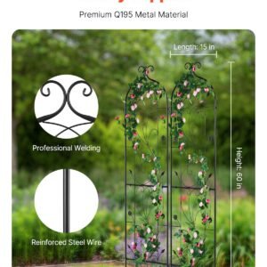 garden trellis for climbing plants, 60 x 15 in, 2 packs rustproof metal garden flower trellis, outdoor climbing rose trellis cucumbers support, decorative clematis trellis for courtyards lawns