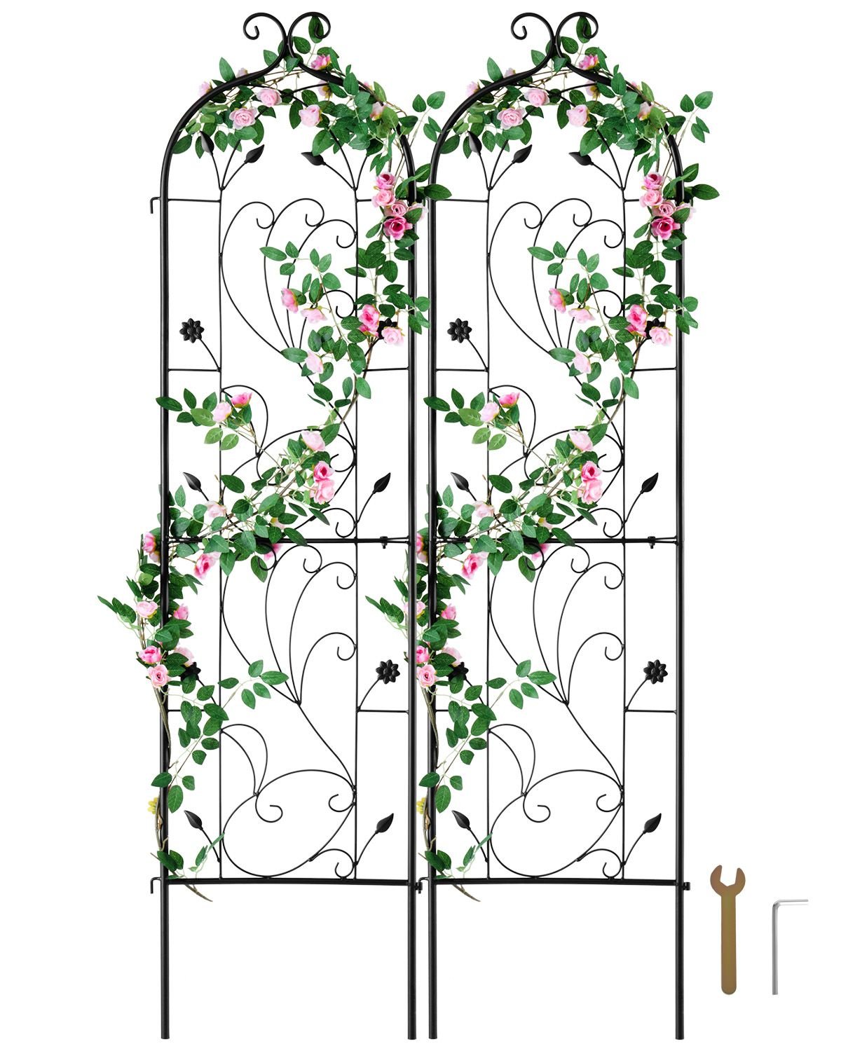 garden trellis for climbing plants, 60 x 15 in, 2 packs rustproof metal garden flower trellis, outdoor climbing rose trellis cucumbers support, decorative clematis trellis for courtyards lawns