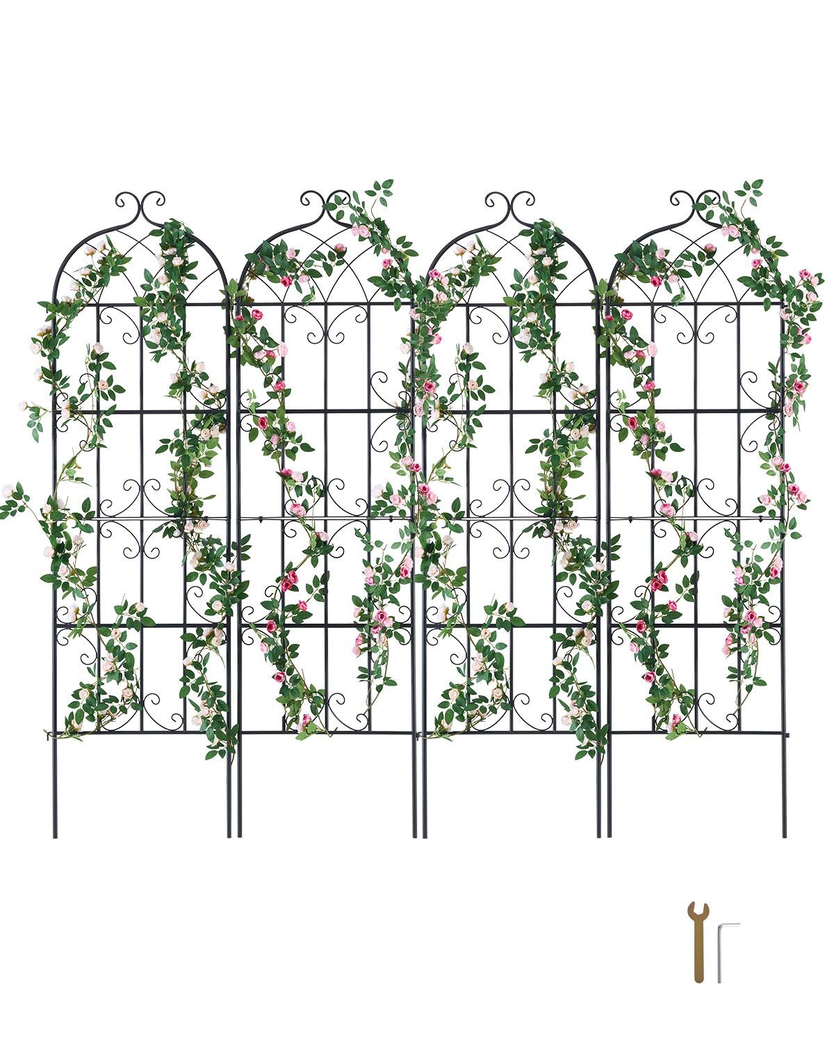 garden trellis for climbing plants, 71 x 20 in, 4 packs rustproof metal garden flower trellis, outdoor climbing rose trellis cucumbers support, decorative clematis trellis for courtyards lawns