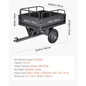 garden utility trailer, 10 cu. ft & 500lbs capacity, atv utv hauling trailer, tow behind steel dump cart with 14" tires, hand pull or foot pedal, heavy duty yard trailers for lawn mower tractor