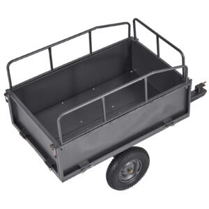 garden utility trailer, 17 cu. ft & 600lbs capacity, atv utv hauling trailer, tow behind steel dump cart with 16" tires, hand pull or foot pedal, heavy duty yard trailers for lawn mower tractor