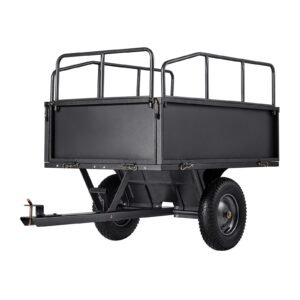 garden utility trailer, 17 cu. ft & 600lbs capacity, atv utv hauling trailer, tow behind steel dump cart with 16" tires, hand pull or foot pedal, heavy duty yard trailers for lawn mower tractor