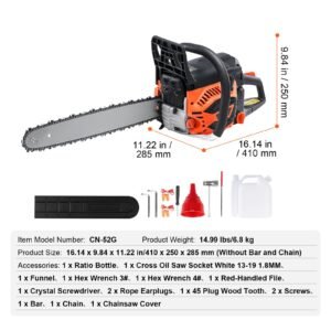 gas chainsaw, 52cc 18" 2.55hp, gasoline powered chain saw, handheld cordless petrol chainsaws for tree wood branch cutting, tree trimming, land clearing, farm garden ranch forest cutting use