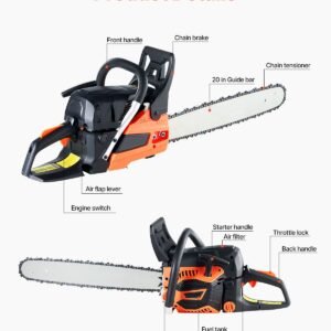 gas chainsaw, 58cc 20" 3.22hp, gasoline powered chain saw, handheld cordless petrol chainsaws for tree wood branch cutting, tree trimming, land clearing, farm garden ranch forest cutting use