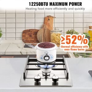 gas cooktop 12 inch, max 12250btu 2 burners built in stainless steel gas stove top, lpg/ng convertible dual fuel natural gas hob with thermocouple protection for outdoor, kitchen, camping, rv