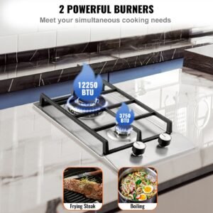 gas cooktop 12 inch, max 12250btu 2 burners built in stainless steel gas stove top, lpg/ng convertible dual fuel natural gas hob with thermocouple protection for outdoor, kitchen, camping, rv