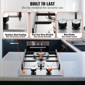 gas cooktop 12 inch, max 12250btu 2 burners built in stainless steel gas stove top, lpg/ng convertible dual fuel natural gas hob with thermocouple protection for outdoor, kitchen, camping, rv