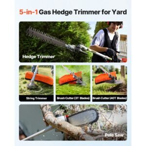 gas hedge trimmer, 2 cycle gas power handheld hedge trimmer, 5 in 1 63cc cordless weed eater with protective gear set, includes hedge and string trimmer, brush cutter(3t & 40t blades), pole saw