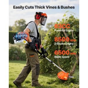 gas hedge trimmer, 2 cycle gas power handheld hedge trimmer, 5 in 1 63cc cordless weed eater with protective gear set, includes hedge and string trimmer, brush cutter(3t & 40t blades), pole saw