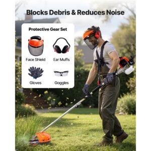gas hedge trimmer, 2 cycle gas power handheld hedge trimmer, 5 in 1 63cc cordless weed eater with protective gear set, includes hedge and string trimmer, brush cutter(3t & 40t blades), pole saw