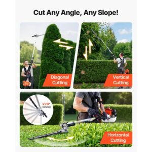 gas hedge trimmer, 2 cycle gas power handheld hedge trimmer, 5 in 1 63cc cordless weed eater with protective gear set, includes hedge and string trimmer, brush cutter(3t & 40t blades), pole saw