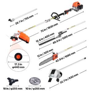 gas hedge trimmer, 2 cycle gas power handheld trimmer, 6 in 1 26cc weed eater with extension pole & protective gear set, includes hedge & string trimmer, brush cutter(3t & 40t), edger, pole saw