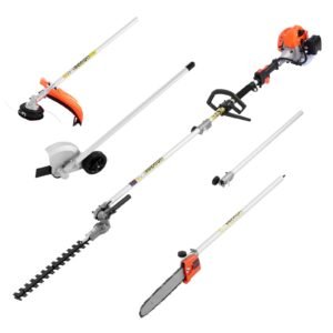 gas hedge trimmer, 2 cycle gas power handheld trimmer, 6 in 1 26cc weed eater with extension pole & protective gear set, includes hedge & string trimmer, brush cutter(3t & 40t), edger, pole saw